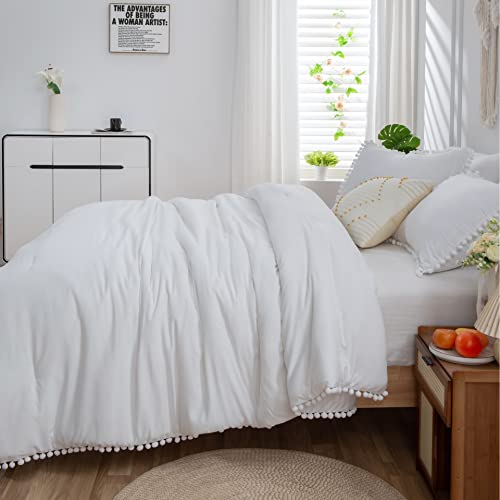  Annadaif White Comforter Set Full Size, Pom Pom Fringe Comforter 3 Pieces, Soft Microfiber Down Alternative Bedding Set For All Season As Gift (1 Comforter,2 Pillowcases)