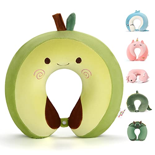  Niuniu Daddy Neck Pillow For Kids, Teens - Travel Accessories For Airplane, Car, Recline - Neck, Chin, Head Support - 100% Pure Memory Foam Insert And Cute Avocado Plush Travel Pillow Cover - Washable