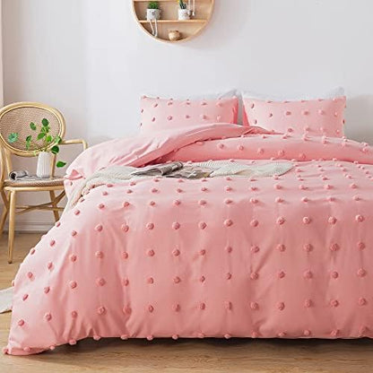  White Tufted Dot Duvet Cover Queen Size (90x90 Inch), 3 Pieces (1 Jacquard Duvet Cover, 2 Pillowcases) All Season Soft Washed Microfiber Duvet Cover Set With Zipper Closure, Corner Ties