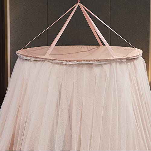  Luxurious Bed Canopy For Girls & Adults, Large Elegant Double Layer Bed Curtain Canopy Drapes, Round Dome Lace Princess Canopies Netting (Pink)