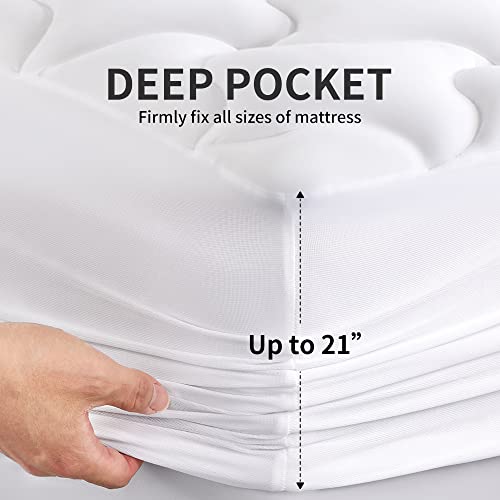  Cooling Mattress Topper Twin Mattress Pad, Quilted Fitted Mattress Cover, Machine Washable, Soft Fluffy Down Alternative, Deep Pocket 8~21 Inch (White, Twin)
