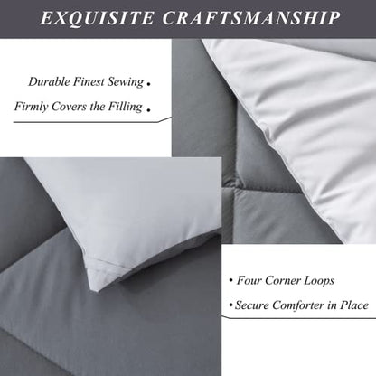  ELNIDO QUEEN 3 Pieces Comforter Set (Queen, Grey & Dark Grey) - 1 Reversible Down Alternative Comforter With 2 Pillow Shams - Soft Lightweight Duvet Insert | 88x92 Inch