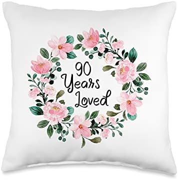  Mom Grandma 90th Birthday Gift Apparel Loved Men Women 90 Years Old Floral 90th Birthday Throw Pillow, 16x16, Multicolor