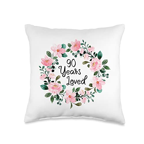  Mom Grandma 90th Birthday Gift Apparel Loved Men Women 90 Years Old Floral 90th Birthday Throw Pillow, 16x16, Multicolor