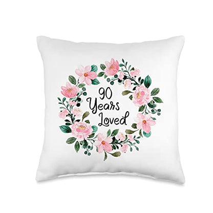 Mom Grandma 90th Birthday Gift Apparel Loved Men Women 90 Years Old Floral 90th Birthday Throw Pillow, 16x16, Multicolor