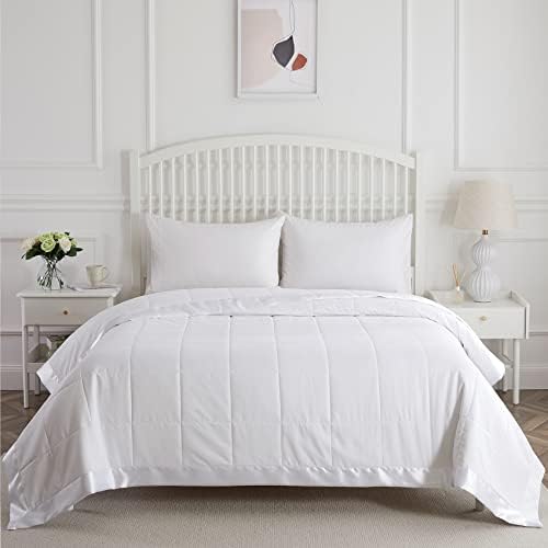  COMFLIVE Down Alternative Blanket With Satin Trim, Queen Size Blanket For Bed, Lightweight Blanket For All Seasons - Winter Summer Comfort Soft (Beige, Full/Queen)
