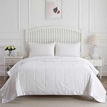  COMFLIVE Down Alternative Blanket With Satin Trim, Queen Size Blanket For Bed, Lightweight Blanket For All Seasons - Winter Summer Comfort Soft (Beige, Full/Queen)