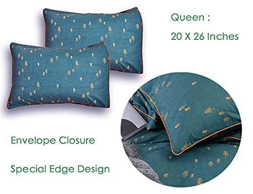  Bedding Duvet-Cover-Set, Queen Green Pine Pattern Cotton Luxury High Thread Soft Bedding Set,1 Duvet Cover And 2 Pillow Shams Comforter Cover-Set