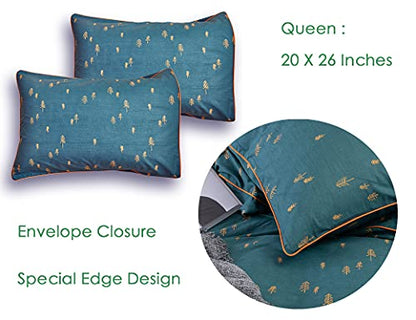  Bedding Duvet-Cover-Set, Queen Green Pine Pattern Cotton Luxury High Thread Soft Bedding Set,1 Duvet Cover And 2 Pillow Shams Comforter Cover-Set