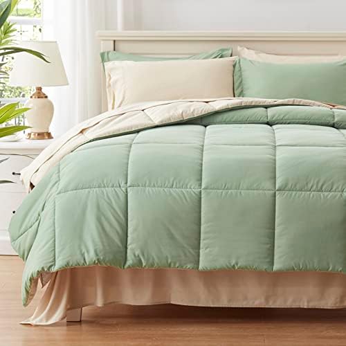  Anluoer Queen Size Bed In A Bag 7 Pieces, Sage Green Bed Comforter Set With Comforter And Sheets, All Season Bedding Sets With 1 Comforter, 2 Pillow Shams, 2 Pillowcases, 1 Flat Sheet,1 Fitted Sheet