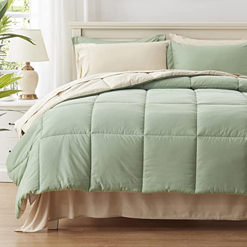  Anluoer Queen Size Bed In A Bag 7 Pieces, Sage Green Bed Comforter Set With Comforter And Sheets, All Season Bedding Sets With 1 Comforter, 2 Pillow Shams, 2 Pillowcases, 1 Flat Sheet,1 Fitted Sheet