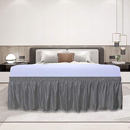  Satin Silk Pom Pom Wrap Around Bed Skirt With Adjustable Elastic Belt - 16 Inch Drop Easy To Put, Wrinkle Free Dust Ruffles, Bed Frame Cover For Twin, Twin XL And Full Size Beds, Dark Gray