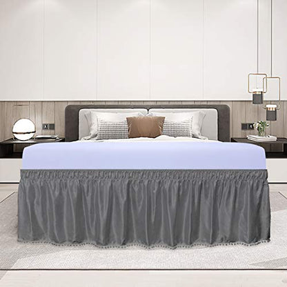  Satin Silk Pom Pom Wrap Around Bed Skirt With Adjustable Elastic Belt - 16 Inch Drop Easy To Put, Wrinkle Free Dust Ruffles, Bed Frame Cover For Twin, Twin XL And Full Size Beds, Dark Gray
