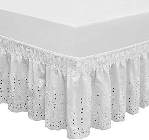  Wrap Around Elastic Eyelet Bed Skirts 14 1/2 Inches Drop Dust Ruffle Three Fabric Sides Easy On/Easy Off Adjustable Polyester Cotton(White Queen/King)