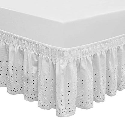  Wrap Around Elastic Eyelet Bed Skirts 14 1/2 Inches Drop Dust Ruffle Three Fabric Sides Easy On/Easy Off Adjustable Polyester Cotton(White Queen/King)