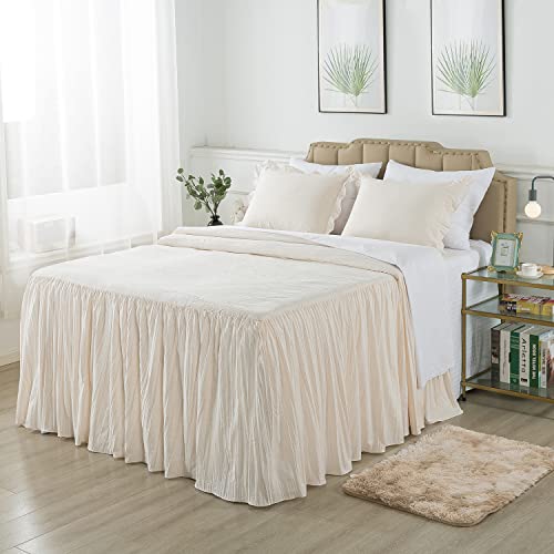  4 Pieces Ruffle Skirt Bedspread Queen With 30 Inches Drop Ruffled Style Coverlet Bedspread With 2 Shams And 1 Area Rug - Shrinkage And Fade Resistant Shabby Chic Bedding Quilt Set, Cream