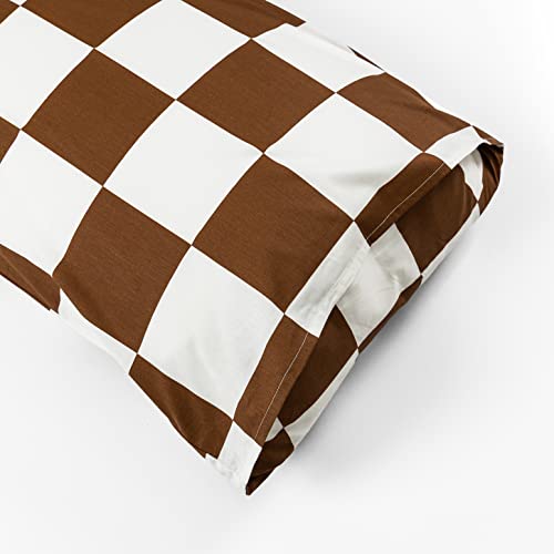  YuHeGuoJi Brown Plaid Duvet Cover Queen 100% Cotton White Gingham Duvet Cover 3 Pcs Set 1 Geometric Checkered Duvet Cover With Zipper Ties 2 Pillowcases Neutral Modern Gingham Grid Bedding Set Soft