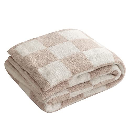  Throw Blanket With Checkerboard Plaid- Cozy Breathable All Seasons Soft Checkered Blanket Gingham Home Decor For Couch And Bed -Throw Size 51"x63",Light Khaki