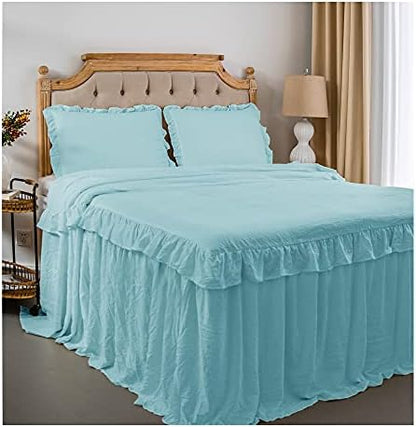  Rustic Ruffle Skirt Bedspread, Hand Made 30" Long Ruffle Skirt Coverlet, Natural Wrinkle Style For Kid, Baby （3 Pcs Set, Queen, White）
