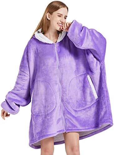  FAYBOX Wearable Blanket Hoodie With Zip For Kids,Fuzzy Warm Sherpa Comfy Oversized Hoodie Blanket Plush Sweatshirt-Light Grey