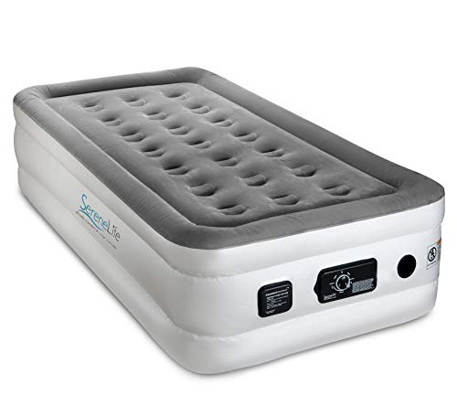  Serene Life Built In ComfortCoil Technology & Internal High Capacity Pump | Elevated Raised Air Mattress Quilt Top 1-Year Guarantee Twin Size, Gray