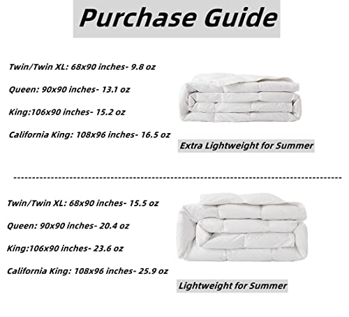  KumiQ Lightweight White Duck Down Comforter/Blanket, Cooling Duvet Insert For Summer/Warm Weather, Machine Washable, Soft Noiseless Cotton Shell, White, Twin/Twin XL Size