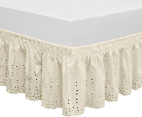  Wrap Around Elastic Eyelet Bed Skirts 14 1/2 Inches Drop Dust Ruffle Three Fabric Sides Easy On/Easy Off Adjustable Polyester Cotton(White Queen/King)