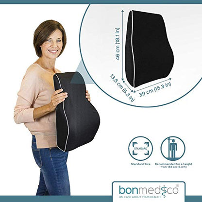  Bonmedico Back Support Pillow - Car Seat, Desk And Office Chair Cushion For Posture And Lumbar Support - Ergonomic, Memory Foam Lower Back Pillows - Black - Standard