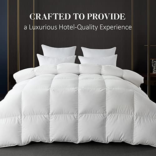 WhatsBedding Feather Comforter King Size, Filled With Feather And Down, All Season White Luxury Bed Comforter,Ultra Soft 100% Cotton Duvet Insert,106"x90"