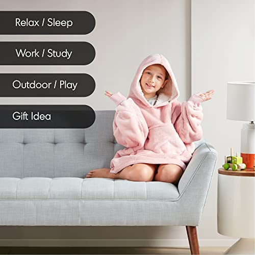  Degrees Of Comfort Wearable Blanket Hoodie For Kids Girls, Sherpa Hooded Blankets Sweatshirt With Pockets, One Size Fits All, Pink, 30x28 Inch