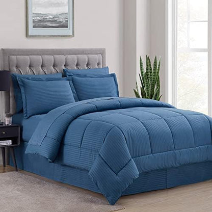  Queen Comforter Set 8 Piece Bed In A Bag With Bed Skirt, Fitted Sheet, Flat Sheet, 2 Pillowcases, 2 Pillow Shams, Queen, Dobby Navy