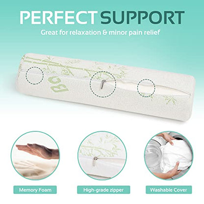  2 Pack Bamboo Cervical Neck Roll Memory Foam Pillow, Round Neck, Support For Sleeping | Bolster Pillow For Bed, Legs, Back And Yoga | 4 Inch Diameter X 17 Inches Long