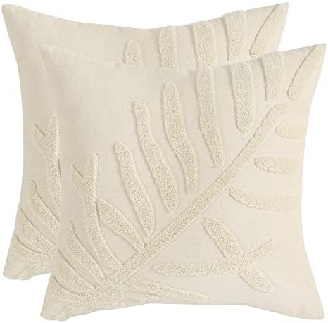  Tosleo Farmhouse Pink Tulip Embroidered Decorative Throw Pillow Covers 18x18 Set Of 2 Flowers Tufted Pillow Cushion Cases Square Floral Cotton Pillowcases For Wedding Sofa Couch Bedroom Living Room
