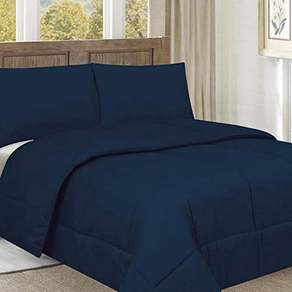  Down Alternative Polyester Comforter Box Stitch Microfiber Bedding - Queen, Navy