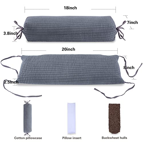  Adjustable Buckwheat Pillow With Washable Cotton Pillowcase, Neck Roll Pillow For Sleeping, Cylinder Cervical Pillow For Neck Pain Relief, Round Support Firm Buckwheat Husk Hull Pillows Grey