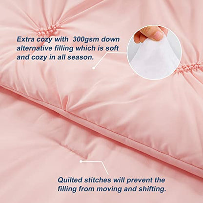 Queen Comforter Set -Pintuck Down Alternative Comforters With 2 Pillow Shams, Soft Queen Size Bedding Comforter Sets Lightweight All Season (Pink,88x88 Inches, 3 Pieces)