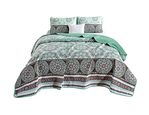  Chezmoi Collection Bodhi 3-Piece Floral Medallion Printed Bedspread Set - Colorful Boho Microfiber Quilt Set, Queen (100" X 95")