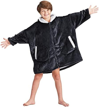  FAYBOX Wearable Blanket Hoodie With Zip For Kids,Fuzzy Warm Sherpa Comfy Oversized Hoodie Blanket Plush Sweatshirt-Light Grey