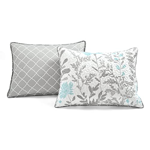  Lush Decor Yellow Aprile Reversible Quilt 3 Piece Floral Leaf Design Bedding Set, King, Blue & Gray