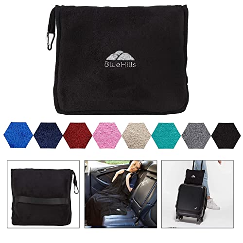  BlueHills Premium Soft Travel Blanket Pillow Value Pack Set Of 2 - Airplane Flight Blanket Throw In Soft Bag With Luggage Belt Compact Pack Large Blanket For Travel Grey And Black Color