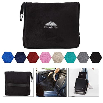  BlueHills Premium Soft Travel Blanket Pillow Value Pack Set Of 2 - Airplane Flight Blanket Throw In Soft Bag With Luggage Belt Compact Pack Large Blanket For Travel Grey And Black Color