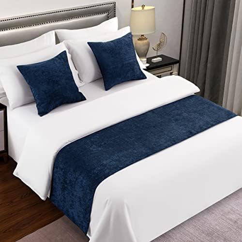  AMBERIS Bed Runner Blue, Chenille Soft No Fading Modern Bed Scarf