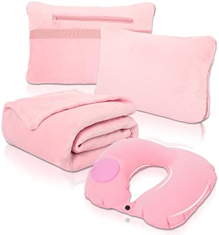  Travel Blanket And Pillow Set - Portable Inflatable Travel Neck Pillow And Premium Soft Airplane Blanket With Built-in Soft Bag, Neck Snaps, Zippered Pouch, And Hand Luggage Strap, 70" X 40" (Pink)