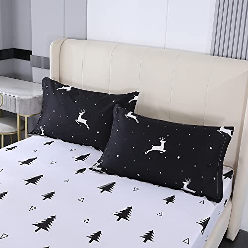  Mengersi Christmas Bed In A Bag 7-Pieces Comforter Sets,Christmas Deer Tree Comforter Set Bed Sheets,Pillow Shams, Flat Sheet, Fitted Sheet And Pillowcases,Black And White Bedding Sets(Deer,King)