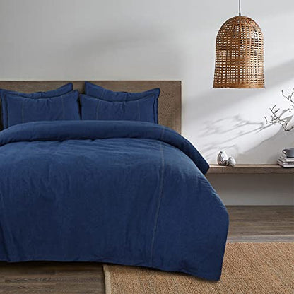  Karin Maki 100% Washed Cotton Yarn Dyed Blue Denim Duvet Cover With Button Closure - Soft And Fade-Resistant Natural Modern Style Comfy Bedding Duvet Cover - Full