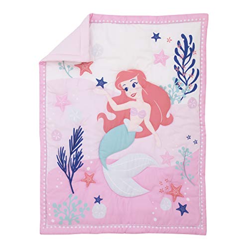  Disney The Little Mermaid Pink, Aqua, & Coral Ariel Cute By Nature 3Piece Nursery Crib Bedding Set - Comforter, Crib Sheet, Dust Ruffle, Pink, Aqua, Coral, Navy