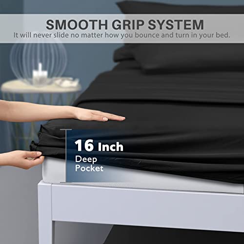  Queen Bed Sheet Set, 4pcs Bedding Sheets & Pillowcases, Soft Microfiber 1800 Thread Count 16" Deep Pocket Luxury Bed Sheets - Hypoallergenic, Wrinkle & Fade Resistant (Black)