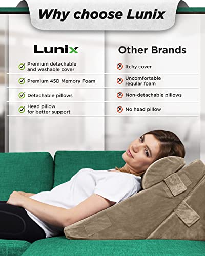  Lunix LX6 3pcs Orthopedic Bed Wedge Pillow Set, Post Surgery Memory Foam For Back, Leg And Knee Pain Relief, Sitting Pillow For Reading, Adjustable Pillows For Acid Reflux And GERD For Sleeping Brown
