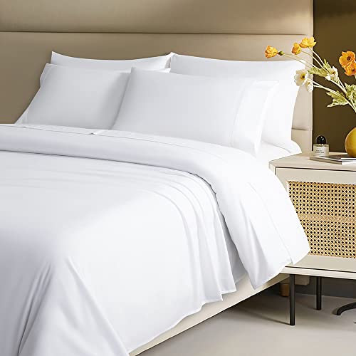  SONORO KATE 1200 Thread Count Cotton Sheets, Luxury 100% Egyptian Cotton Queen Size Sheets, Extra Soft Bed Sheets Sateen Weave With 16" Elasticized Deep Pocket - 4 Piece(Queen,White)
