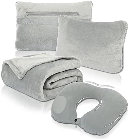  Travel Blanket And Pillow Set - Portable Inflatable Travel Neck Pillow And Premium Soft Airplane Blanket With Built-in Soft Bag, Neck Snaps, Zippered Pouch, And Hand Luggage Strap, 70" X 40" (Pink)